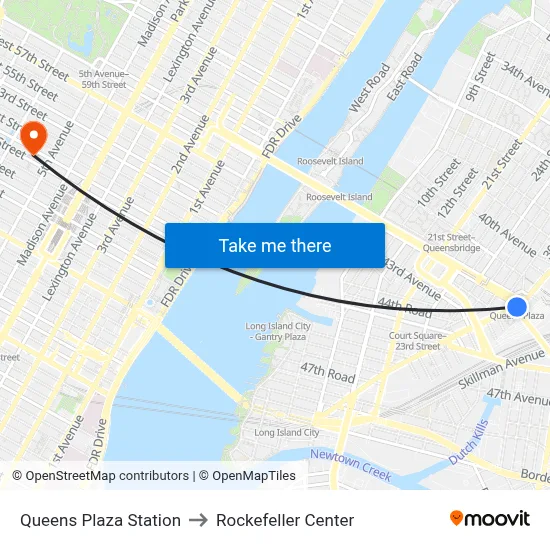Queens Plaza Station to Rockefeller Center map