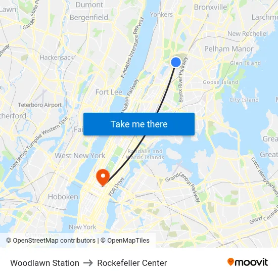 Woodlawn Station to Rockefeller Center map