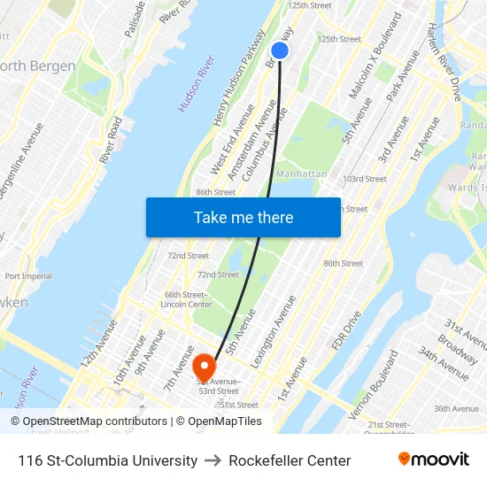 116 St-Columbia University to Rockefeller Center map