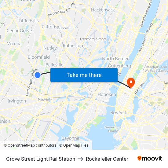 Grove Street Light Rail Station to Rockefeller Center map