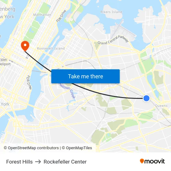Forest Hills to Rockefeller Center map