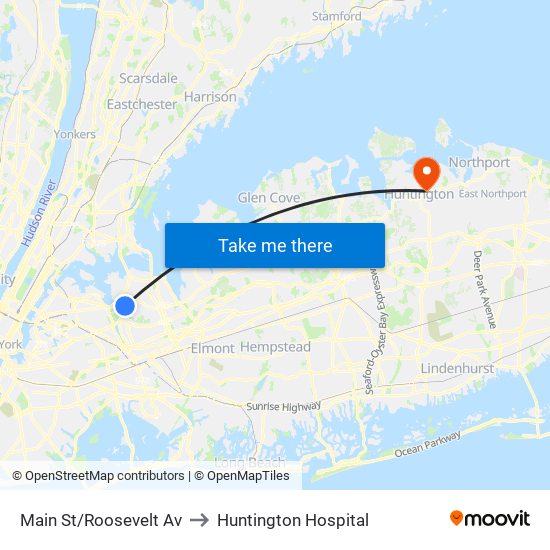Main St/Roosevelt Av to Huntington Hospital map