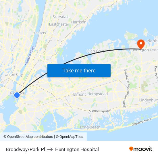 Broadway/Park Pl to Huntington Hospital map