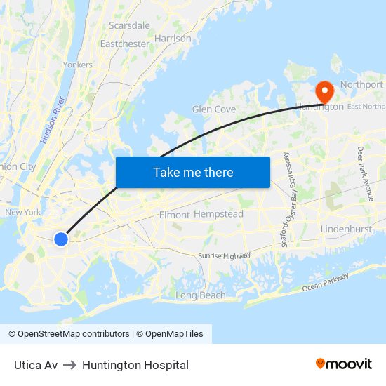 Utica Av to Huntington Hospital map