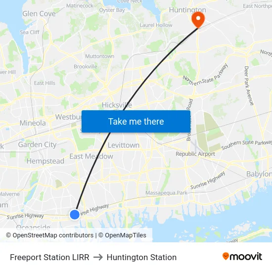 Freeport Station LIRR to Huntington Station map
