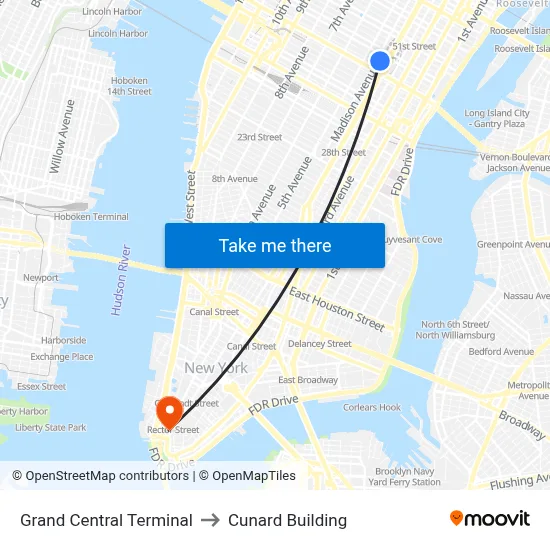 Grand Central Terminal to Cunard Building map