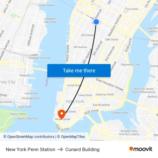 New York Penn Station to Cunard Building map