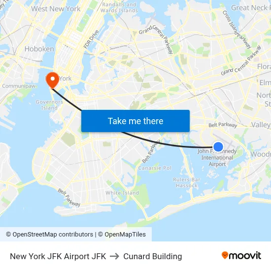 New York JFK Airport JFK to Cunard Building map