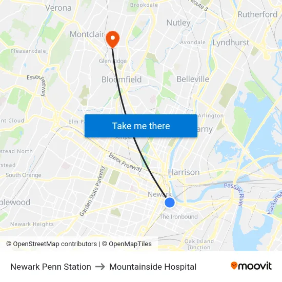 Newark Penn Station to Mountainside Hospital map
