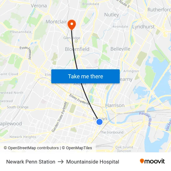 Newark Penn Station to Mountainside Hospital map