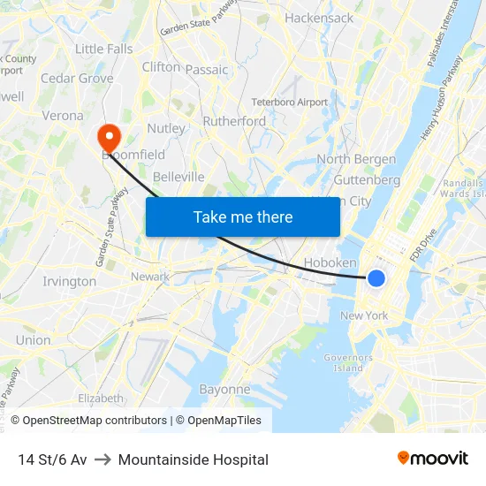 14 St/6 Av to Mountainside Hospital map