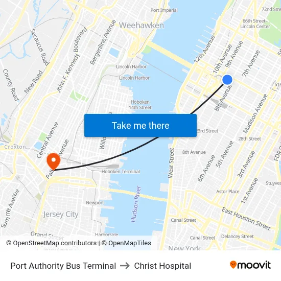 Port Authority Bus Terminal to Christ Hospital map