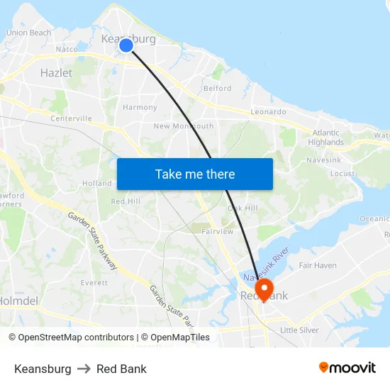 Keansburg to Red Bank map
