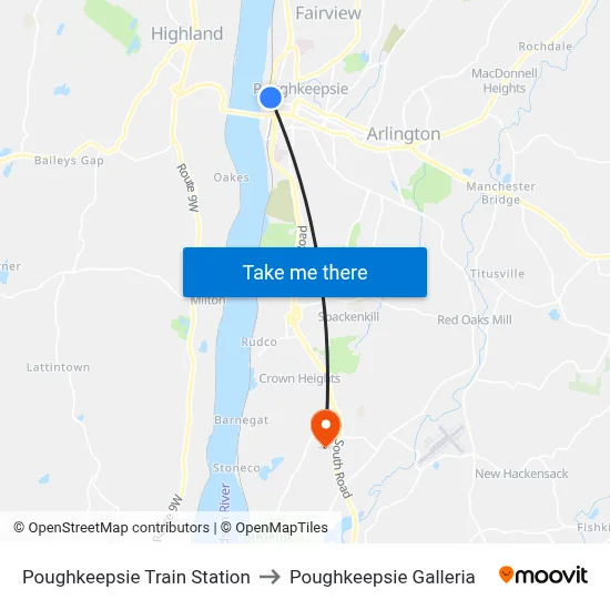 Poughkeepsie Train Station to Poughkeepsie Galleria map