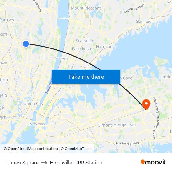Times Square to Hicksville LIRR Station map