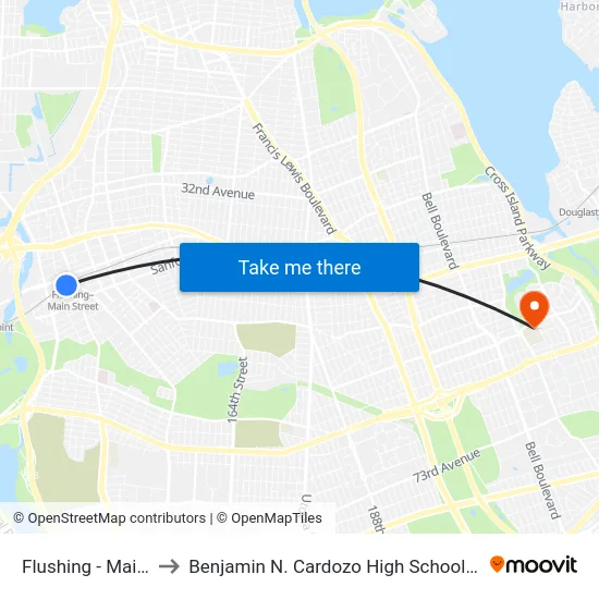 Flushing - Main Street to Benjamin N. Cardozo High School - Baseball Field map