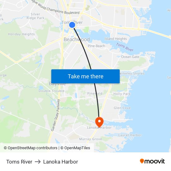 Toms River to Lanoka Harbor map