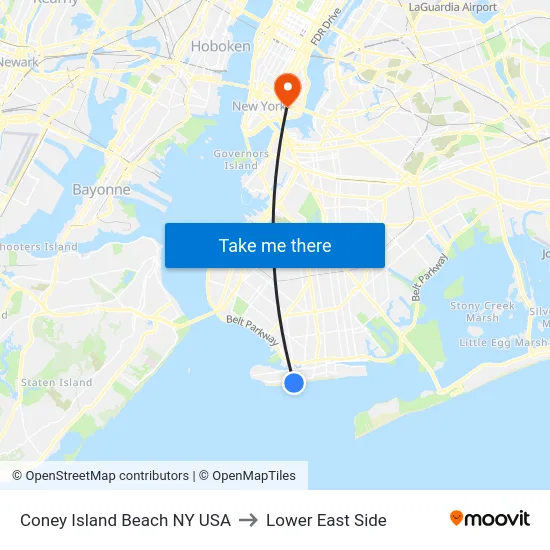 Coney Island Beach NY USA to Lower East Side map