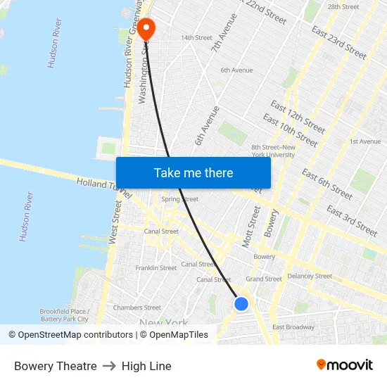 Bowery Theatre to High Line map