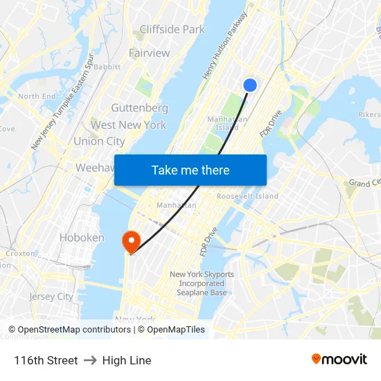 116th Street to High Line map