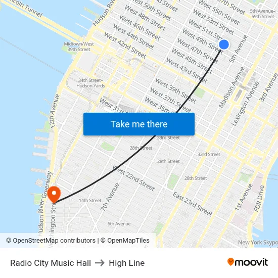Radio City Music Hall to High Line map