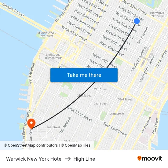 Warwick New York Hotel to High Line map