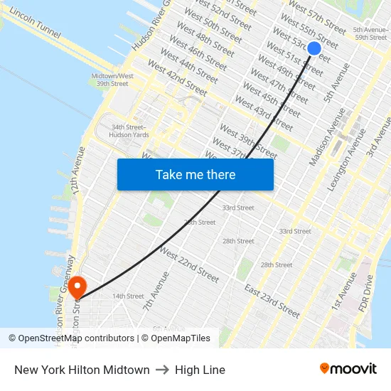 New York Hilton Midtown to High Line map