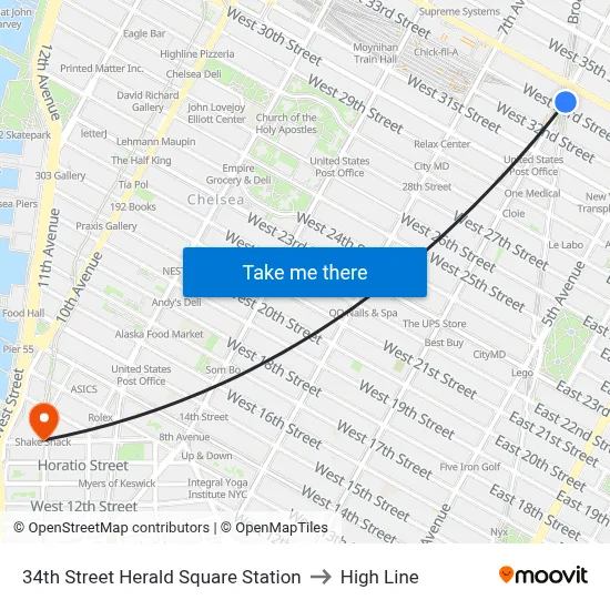 34th Street Herald Square Station to High Line map