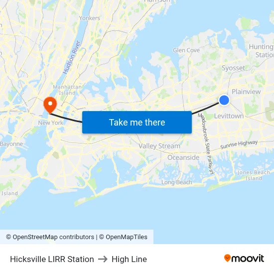 Hicksville LIRR Station to High Line map