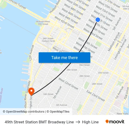 49th Street Station BMT Broadway Line to High Line map