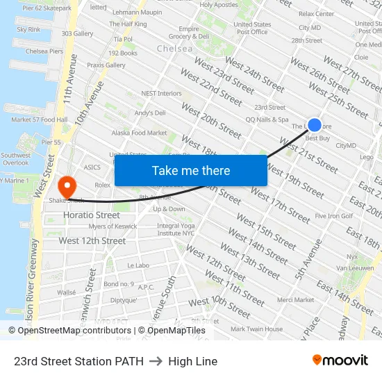 23rd Street Station PATH to High Line map