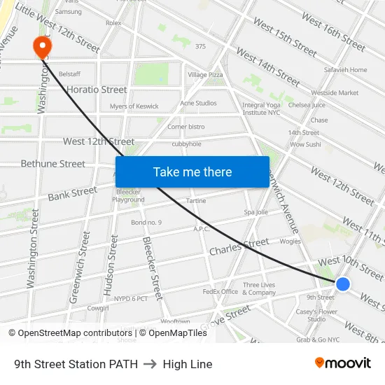 9th Street Station PATH to High Line map
