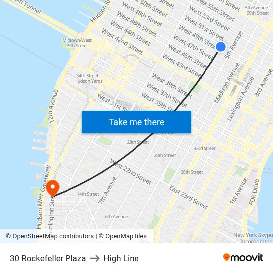 30 Rockefeller Plaza to High Line map