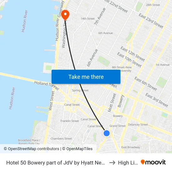 Hotel 50 Bowery part of JdV by Hyatt New York to High Line map