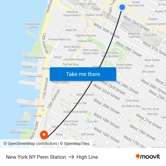 New York NY Penn Station to High Line map