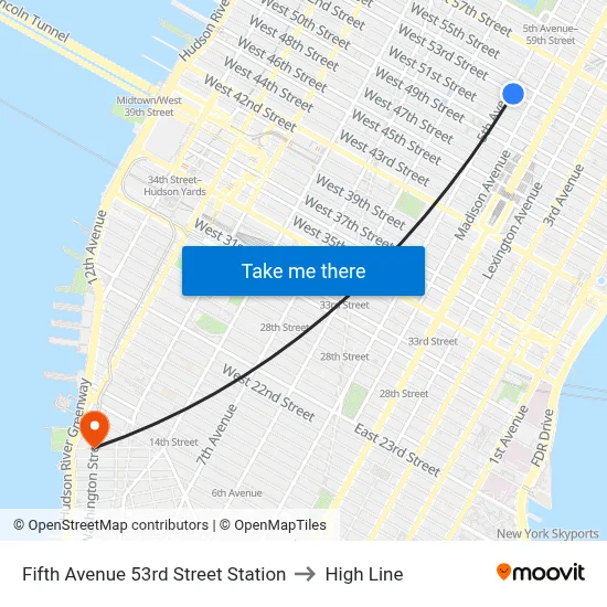 Fifth Avenue 53rd Street Station to High Line map
