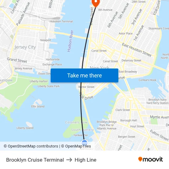 Brooklyn Cruise Terminal to High Line map