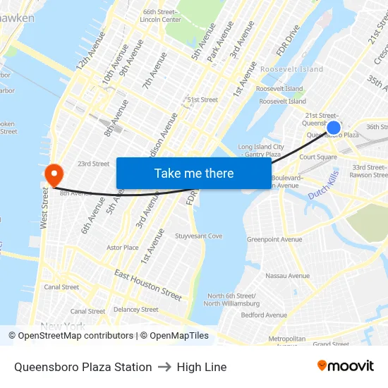 Queensboro Plaza Station to High Line map