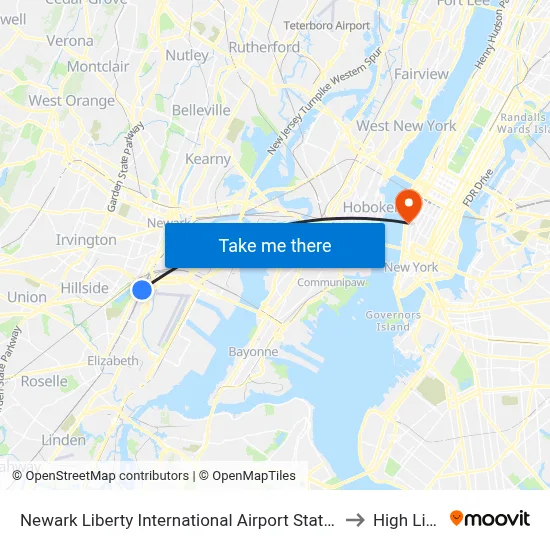 Newark Liberty International Airport Station to High Line map