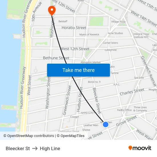 Bleecker St to High Line map