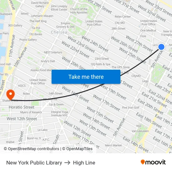 New York Public Library to High Line map