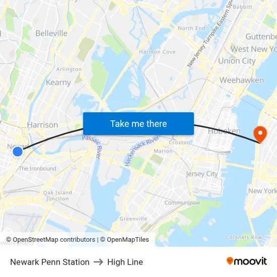 Newark Penn Station to High Line map