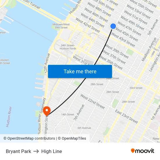 Bryant Park to High Line map