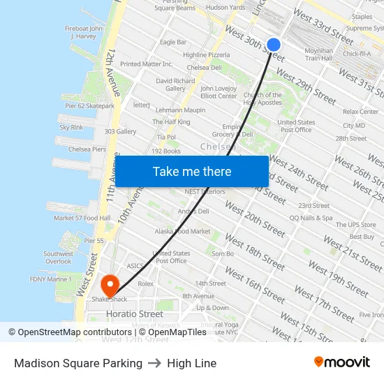 Madison Square Parking to High Line map