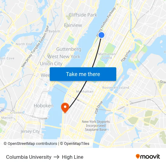 Columbia University to High Line map