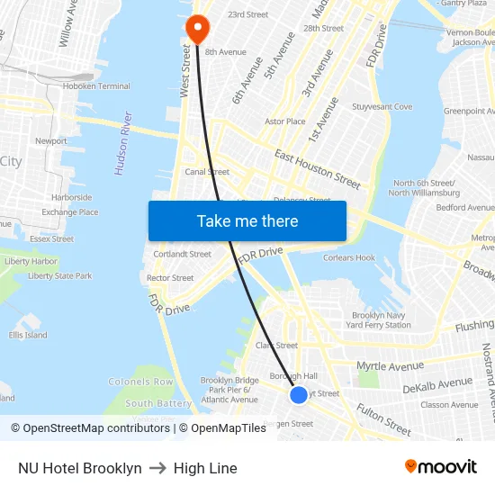 NU Hotel Brooklyn to High Line map