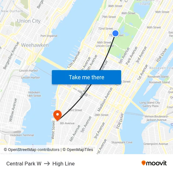 Central Park W to High Line map