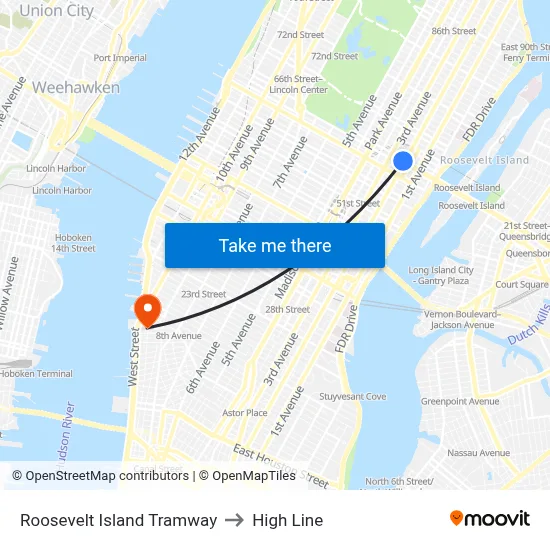 Roosevelt Island Tramway to High Line map