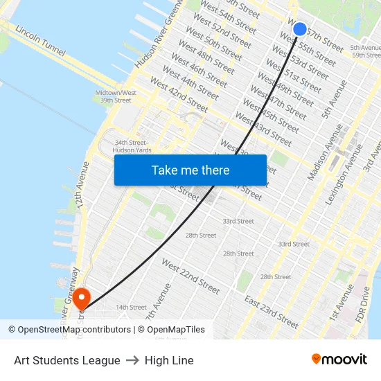 Art Students League to High Line map