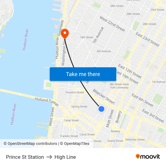 Prince St Station to High Line map